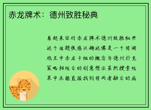 赤龙牌术：德州致胜秘典